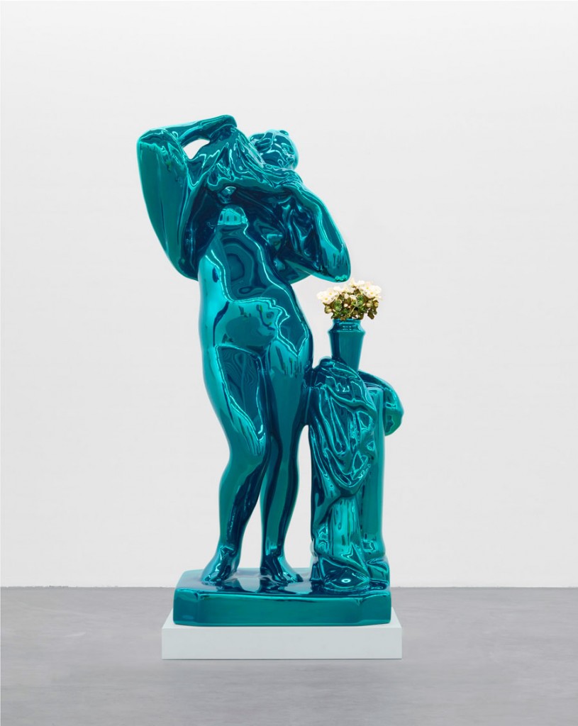 JEFF KOONS Metallic Venus, 2010–12 Mirror-polished stainless steel with transparent color coating and live flowering plants 100 x 52 x 40 inches  (254 x 132.1 x 101.6 cm) Ed. of 3