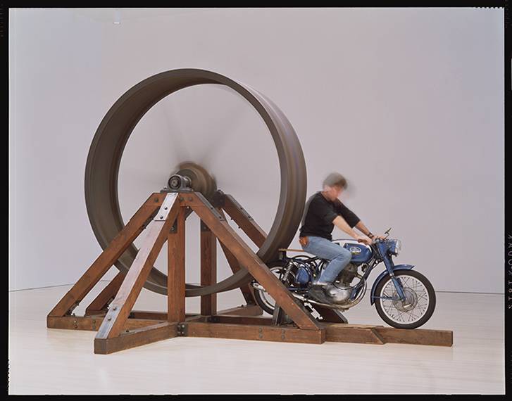 "The Big Wheel," 1979 Three-ton, eight-foot diameter, cast-iron flywheel powered by a 1968 Benelli 250cc motorcycle photo blouinartinfo.com