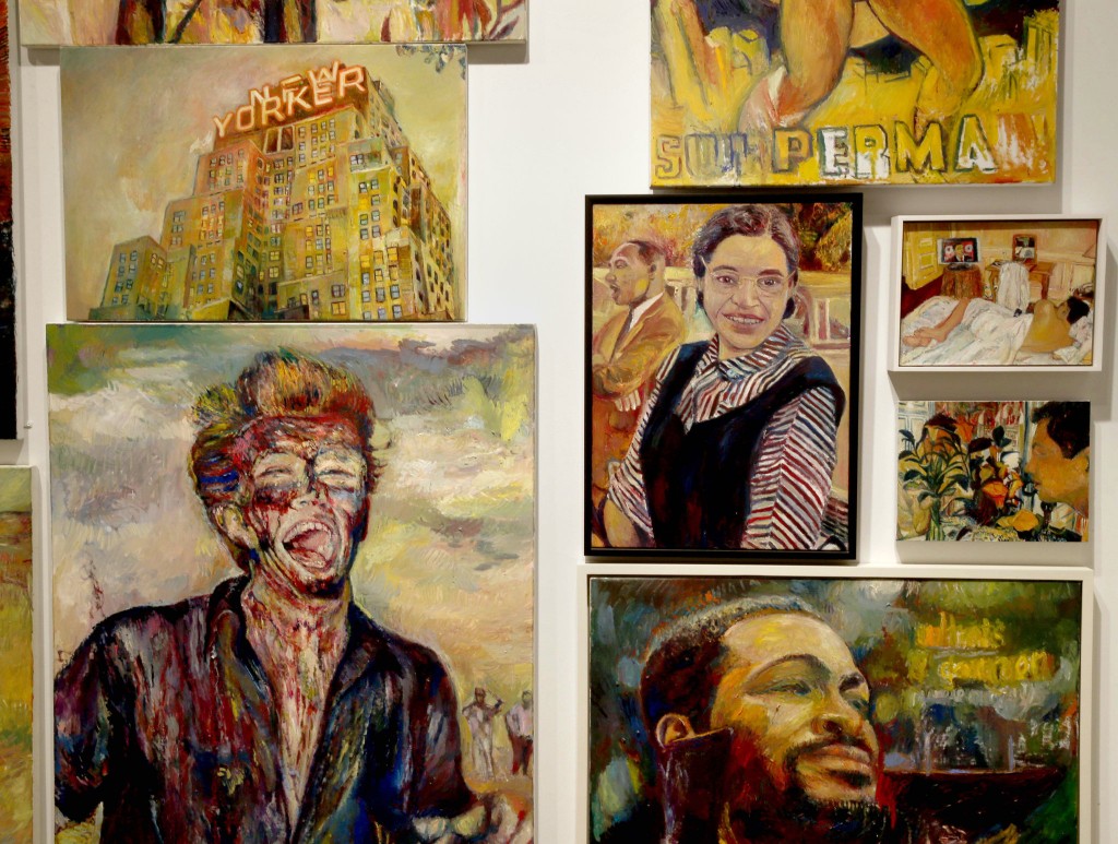 Detail of a wall of paintings by Keith Mayerson 