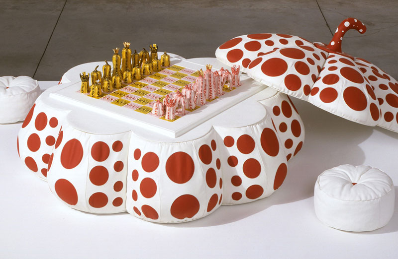 Yayoi Kusama, Pumpkin Chess Set 2003, hand-painted porcelain, leather, timber. Courtesy of RS&A Ltd, London.